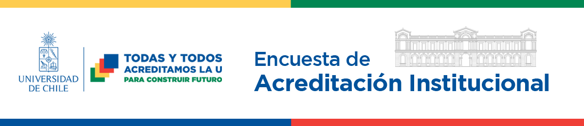 Encabezado de la Universidad de Chile para la Encuesta de Acreditación Institucional, con el logotipo de la universidad, el lema 'Todas y todos acreditamos la U para construir futuro', y una ilustración del edificio de la universidad.